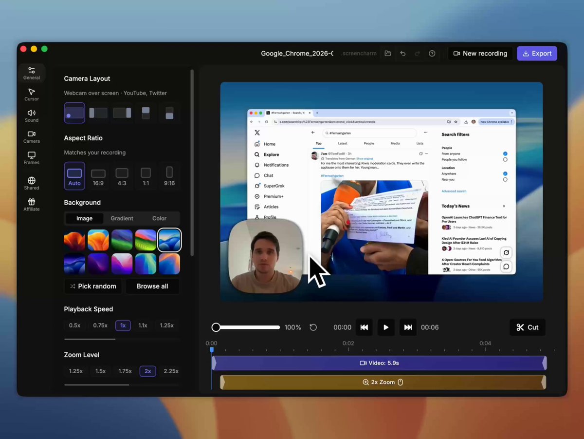 ScreenCharm adds selectable camera layouts for recordings