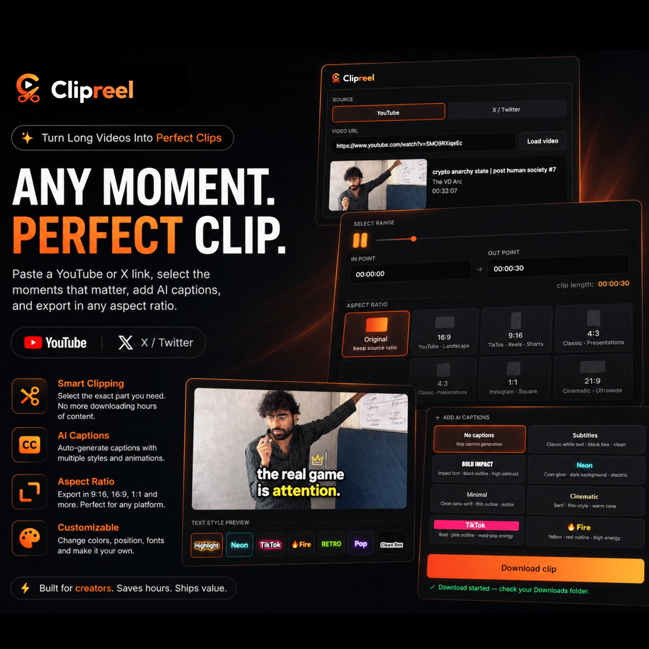 ClipReel lets you trim YouTube or X videos to clips without downloading