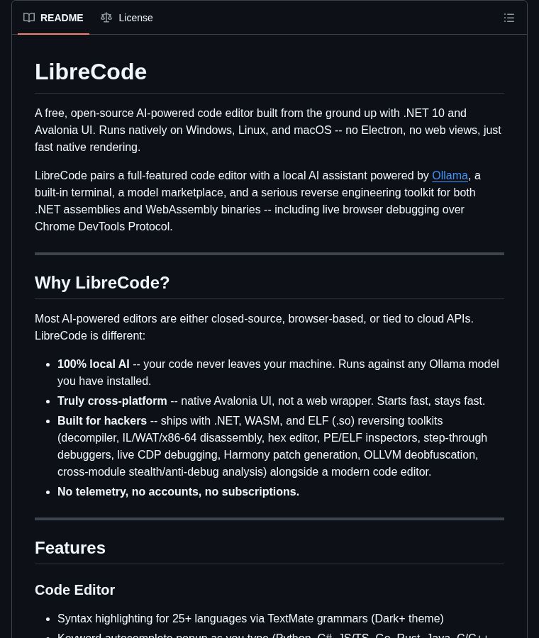 LibreCode launches as a fully local AI code editor