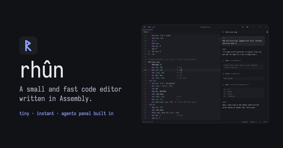 rhun launches a tiny assembly‑written code editor